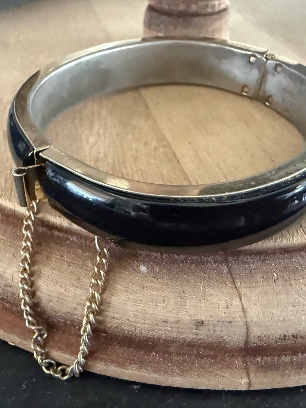 Vintage Black Acrylic GoldTone Security Chain Bangle Bracelet